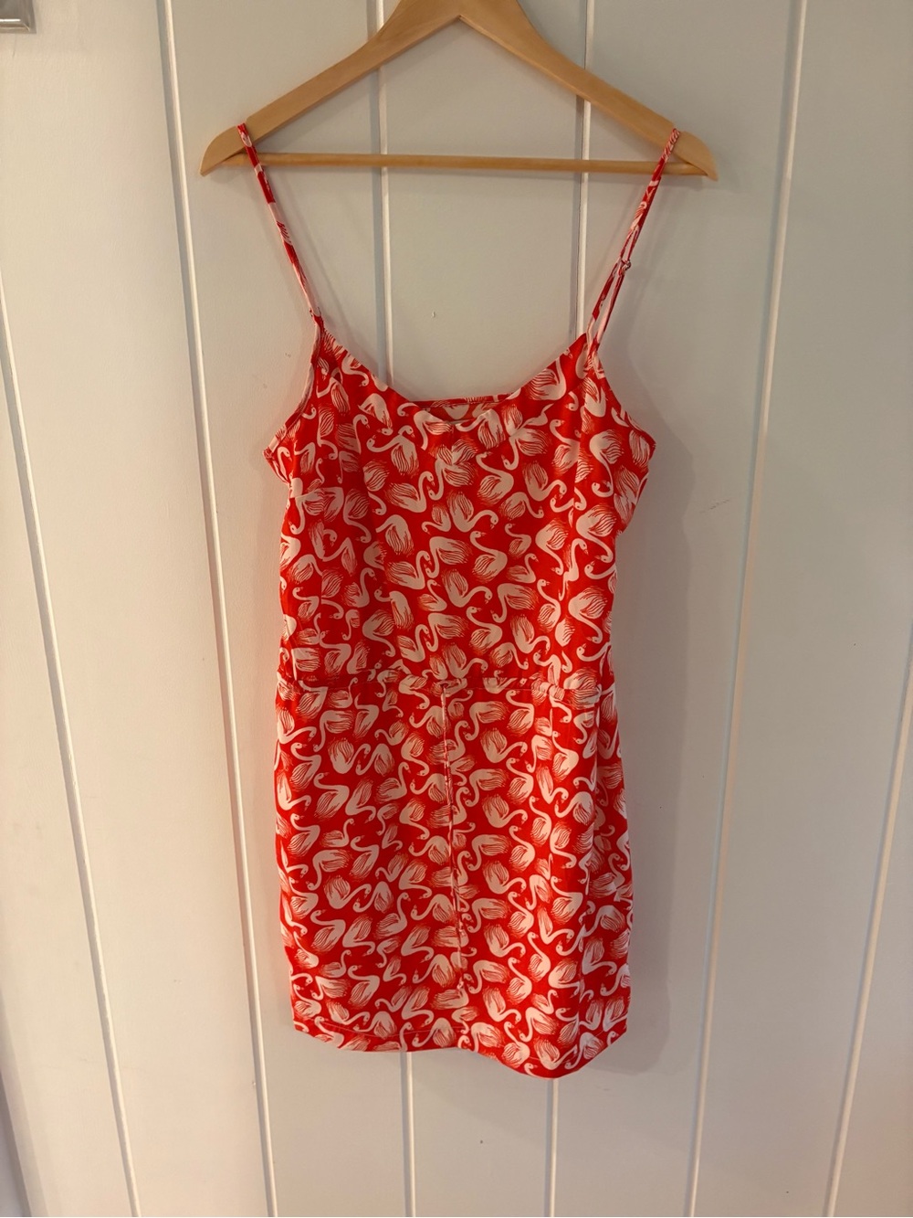 Red & White swan-Print Spaghetti Strap Mini Dress